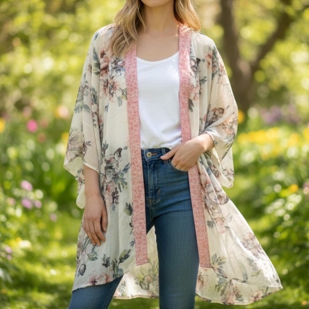 Band of Gypsies Kimono Cardigan  XS/S Cream Floral Boho Cottagecore Festival‎